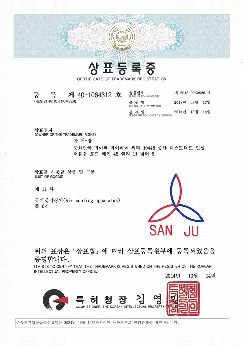 sanju韓國商標注冊證書(shū)